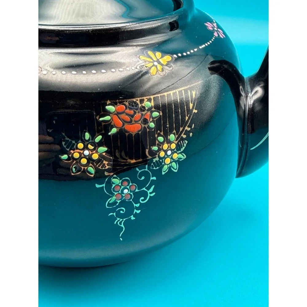 Vintage 1940s Japanese Moriage Redware Teapot Black‎ Floral Hand Painted Ceramic